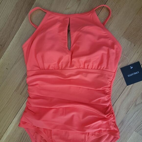 Ellen Tracy Women High Neck Over the Shoulder One Piece keyhole Swimsuit Sx 8 - Picture 4 of 13